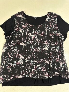 rebels Black Short-Sleeve Layered Tee with Pink & White Abstract Print, Size:2X